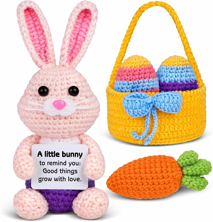 5 Pcs Finished Easter Positive Crochet Animals for Teen Girls & Adults Women, Handmade Filled Easter Basket with Crochet Bunny, Carrot, 2 Eggs, Easter Decoration Gifts Prefilled with Animal Stuffers