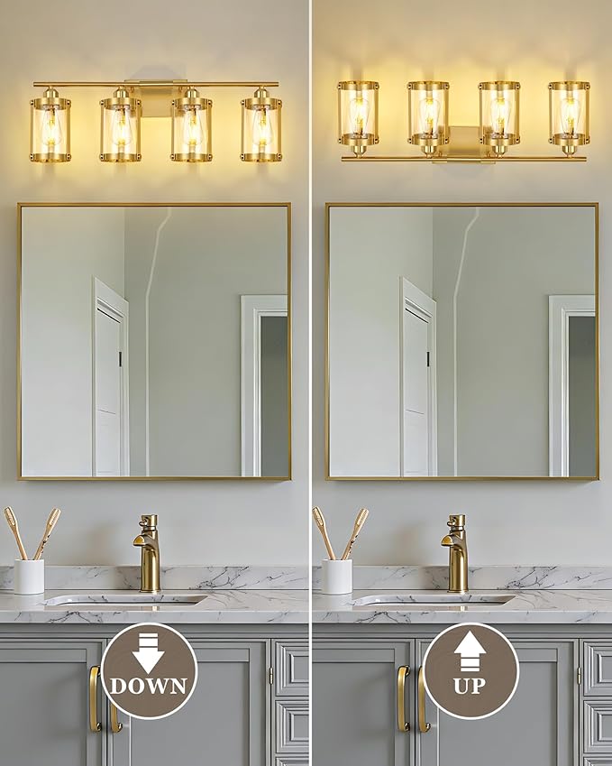 4-Light Brushed Gold Bathroom Light Fixtures, 29 Inch Modern Bathroom Vanity Lighting Fixtures Over Mirror with Clear Glass and Metal Cage Wall Sconce Lights for Bath, E26, OS-3014BG-4W