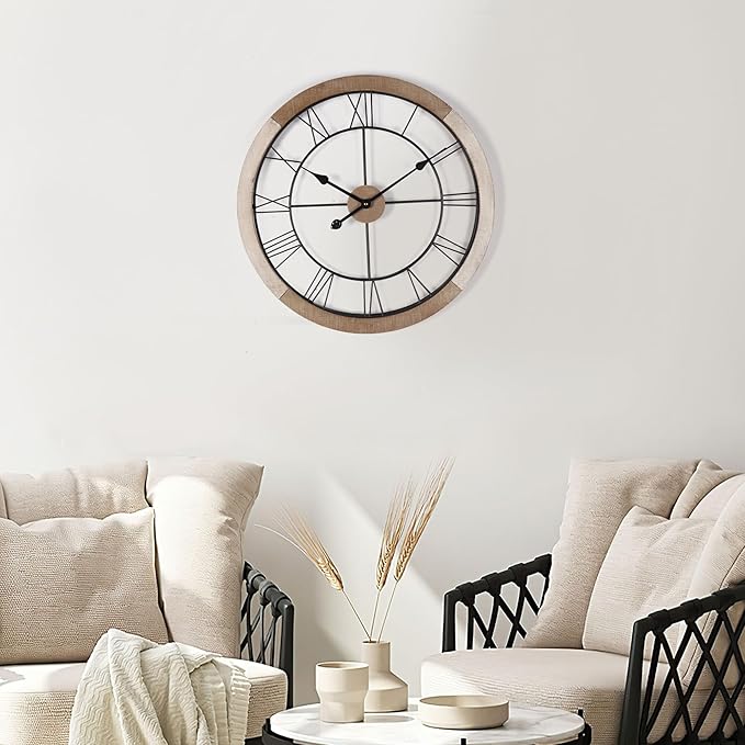 Wall Clock for Living Room Decor, 24'' Big Wall Clocks for Office, Rustic Clock Battery Operated, Distressed White Roman Numeral Clock, Round, Wood Wall Clock