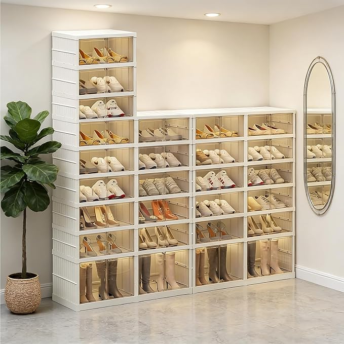 9Tier Foldable Shoe Rack Organizer for Closet,18Pairs Collapsible Plastic Shoe Shelf,Large Shoes Cabinet with Door,Clear Stackable Storage Box Easy Assembly,for Living Room(9Tier18Pairs Cream White)