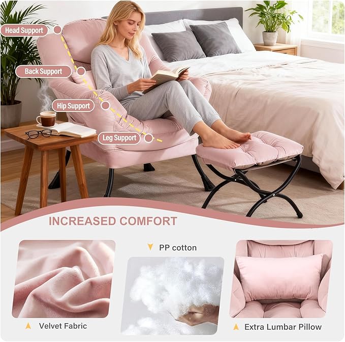Lazy Chair with Ottoman, Modern Accent Chair with Lumbar Pillow, Velvet Pink Sofa, Lounge Chairs with Folding Footrest, Oversized Supportive Chairs for Bedroom, Reading