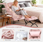 Lazy Chair with Ottoman, Modern Accent Chair with Lumbar Pillow, Velvet Pink Sofa, Lounge Chairs with Folding Footrest, Oversized Supportive Chairs for Bedroom, Reading