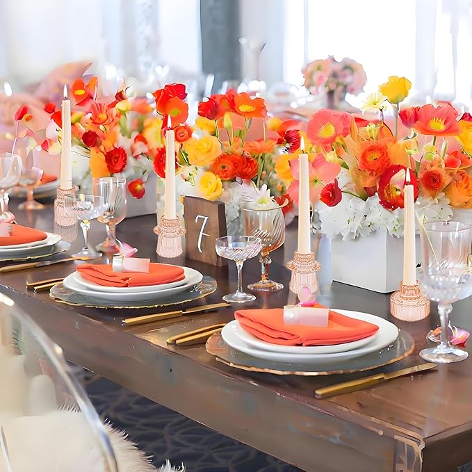 Double Sided Vintage Ribbed Taper Glass Candle Holders,Tea Candle Holder for Table Centerpieces, Wedding Decorations and Dinner Parties (Orange Pink, 3 PCS)