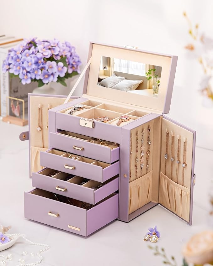 Homde Valentine's Day Gifts Synthetic Leather Huge Jewelry Box Mirrored Watch Organizer Necklace Ring Earring Storage Lockable Gift Case (Grey Purple + Gold)