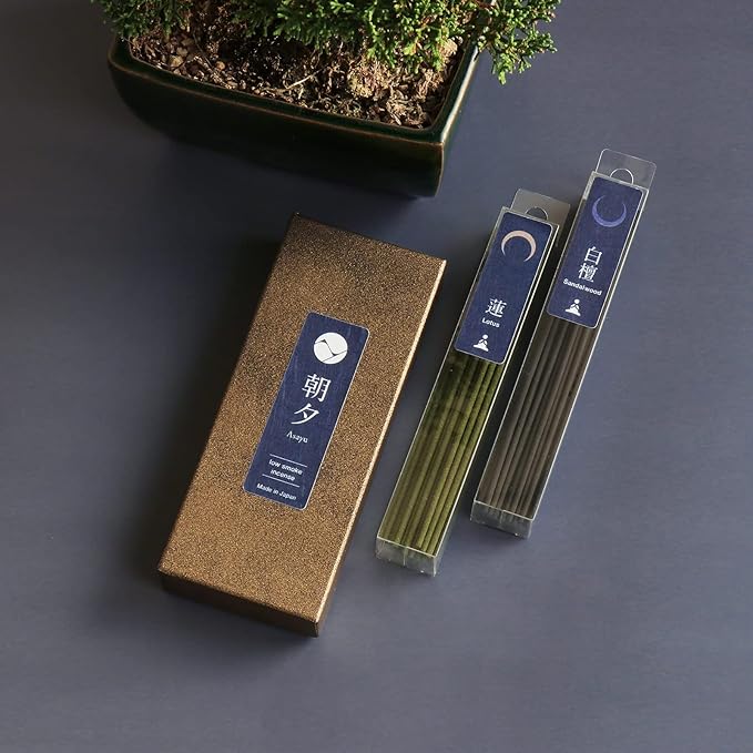 Asayu Japan Low Smoke Incense Sticks Yoga Set - 2 Scents: Lotus & Sandalwood, 40g Japanese Incense for Morning Energy & Evening Relaxation - Smokeless, Less Irritation