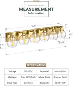 Bathroom Light Fixtures, 6 Light Brushed Gold Vanity Light, 38 Inch Modern Wall Sconces with Globe Clear Glass Shade, Vanity Lighting Fixtures Over Mirror, VL195-BG-6