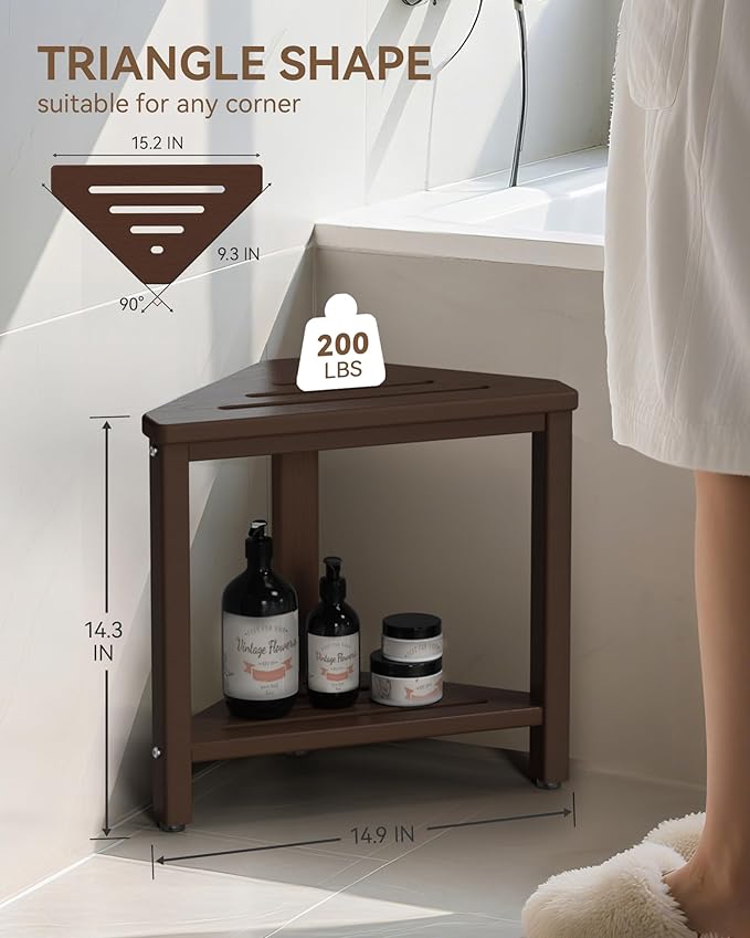 Shower Foot Rest 15in, HDPE Waterproof Shower Stool for Inside Shower, Corner Shower Stool for Shaving Legs with Storage Shelf for Small Space, Shower Step Stool, Plastic Corner Shower Bench, Brown