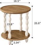 Round End Table, 2-Tier Farmhouse End Table, 18.5'' Handcrafted Weathered Look Wooden Nightstand Accent Table, Pine Leg, Small Side Tables for Living Room, Small Space, Bedroom, Boho, Easy Assembly