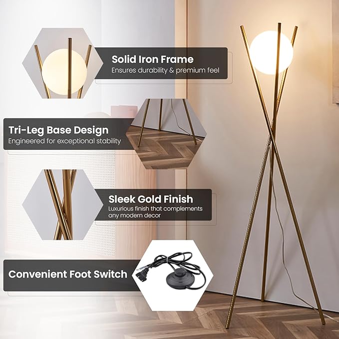 Ozarke Solstice Modern Frosted Glass Globe Floor Lamp (165cm) Contemporary LED Dimmable Lighting for Bedroom, Living Room, Hotel & Home Office (Gold)