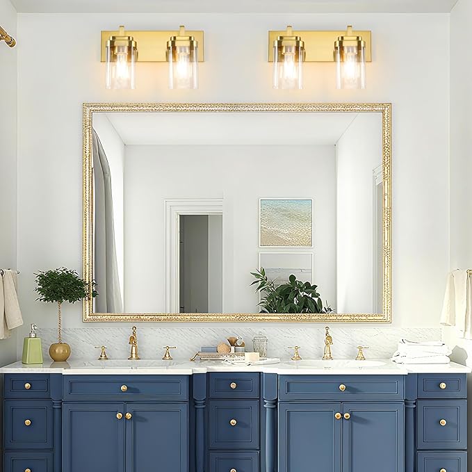 Vanity Light Fixture,2-Light Vanity Light for Bathroom,Brushed Gold Bathroom Vanity Lighting Over Mirror with Square Clear Glass Shade for Restroom