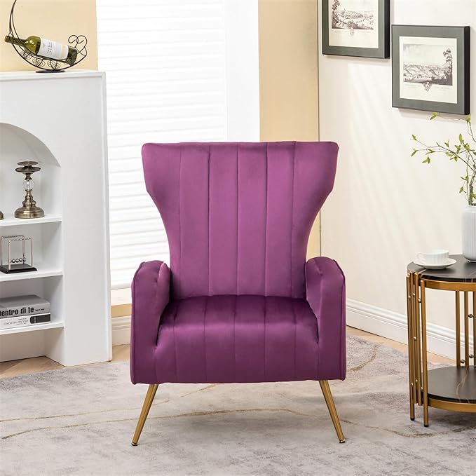 Modern Velvet Accent Chair, Channel Tufted Bedroom, Office or Living Room Furniture with Elegant Metal Legs, 26" Wide Armchair, Purple