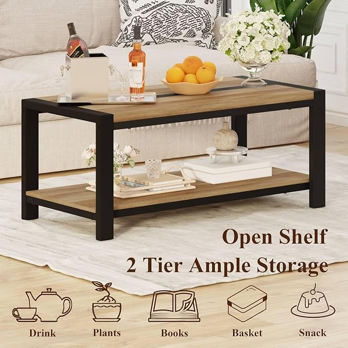 BON AUGURE 43 Inch Coffee Table, Wood and Metal Coffee Tables for Living Room, Rectangle Living Room Table, Small Farmhouse Center Tables for Home Office (Vintage Oak)