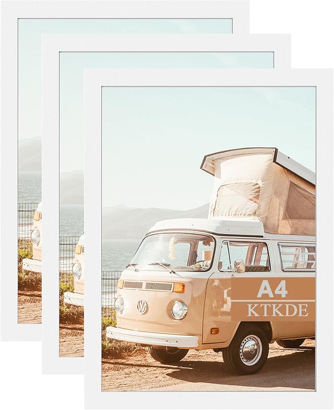 KTKDE A4 Picture Frame White Wooden Photo Frame Set of 3, for Certificate Poster and Photo, Horizontal and Vertical Formats 8.3x11.7 Frame with Shatter Resistant Plexiglass Home Decor best gift
