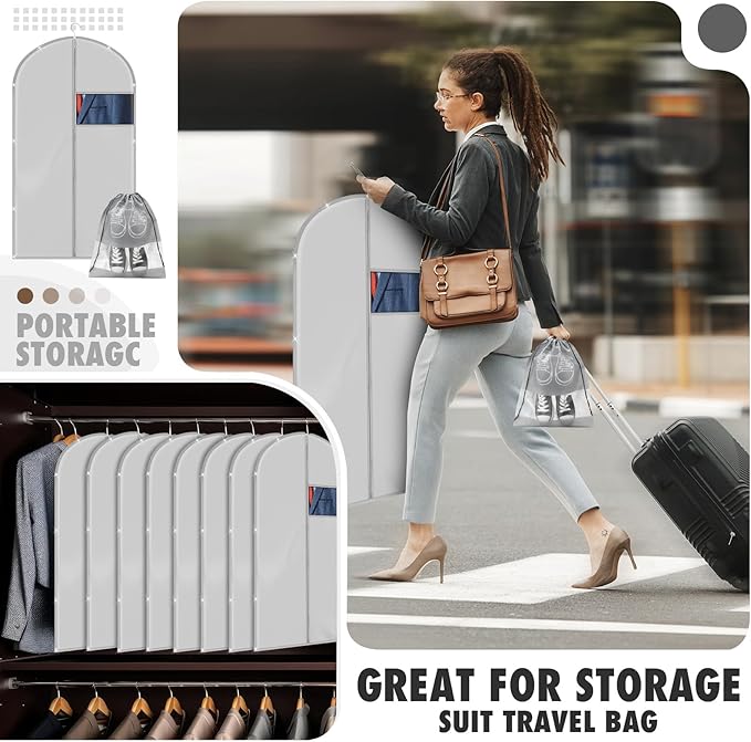 SATINIOR 12 Pcs 40 Garment Bags for Travel Shoe Bags for Packing, Men Suit Cover for T-shirts, Coats, Jackets, Uniforms, Clothes, Shoes, Sneakers(Grey)