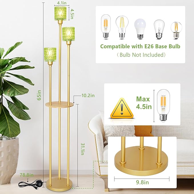 HMVPL MVPL Crystal Floor Lamp with Shelves,Floor Lamps for Living Room (Gold-Green Straight, Glass)