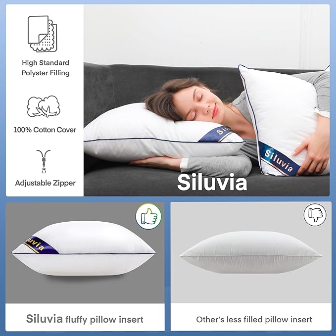 Siluvia 24x24 Pillow Inserts Set of 2 Square Throw 24 Euro Pillows with 100% Cotton Cover for Sofa, Couch, and Bed - White
