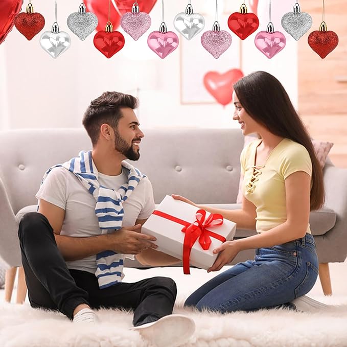 Valentines Day Heart Ornaments, 30Pcs Hanging Heart Ornaments, Glitter Multi-color Heart-shaped Baubles for Outdoor Wedding Anniversary Mother's Day Romantic Galentines Valentines Day Party Decoration