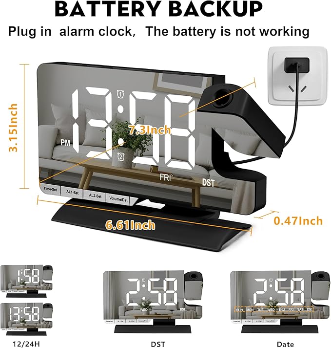 Amgico Projection Alarm Clock,Digital Clock with Projection,7.3" Mirror Clock with 180°Rotating Projector,Dual Alarm with 3 Mode,Bright Adjust,DST,Snooze,Charging Port,5 Levels Volume for Desk Teens