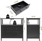 27 inch Wide Night Stand with Charging Station, Bedside Table with Open Shelf, 2 Drawers Small Wood Dresser, Modern Wood Nightstand for Bedroom/Living Room (Black)
