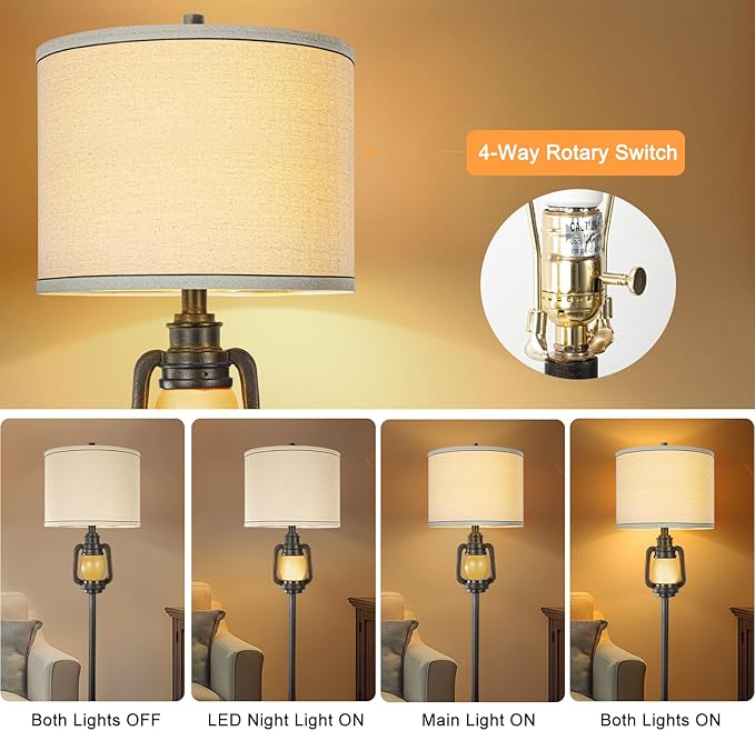 Floor Lamp for Living Room Vintage Standing Lamp with Linen Fabric Hardback Shade Industrial Tall Lamp with Night Light Decor for Living Room, Bedroom,Study, Home Office