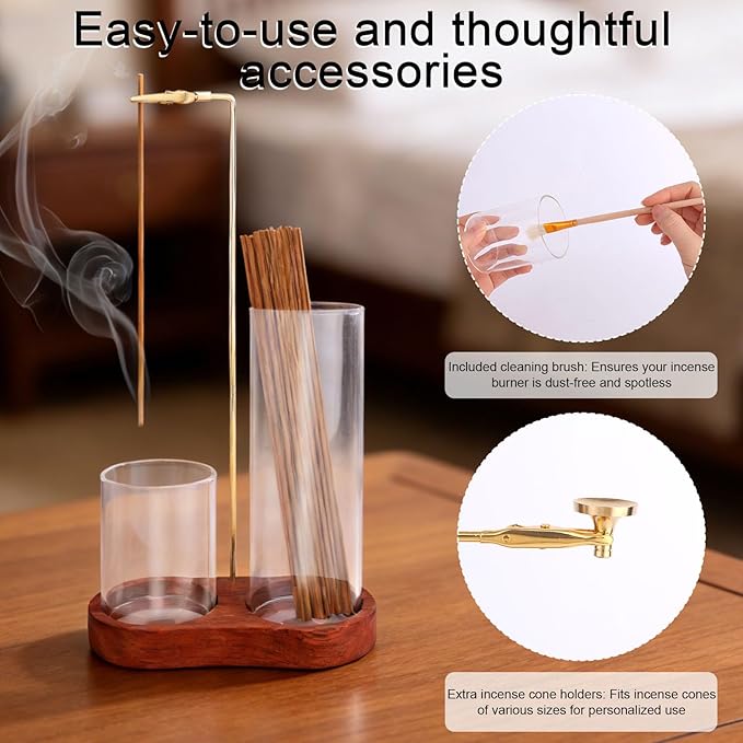 3 in 1 Glass Incense Holder, Upside Down Incense Stick Holder with Enlarged Aroma Storage Cup Ash Tray Brush & Cone Stand for Meditation Yoga Spa & Home Decor
