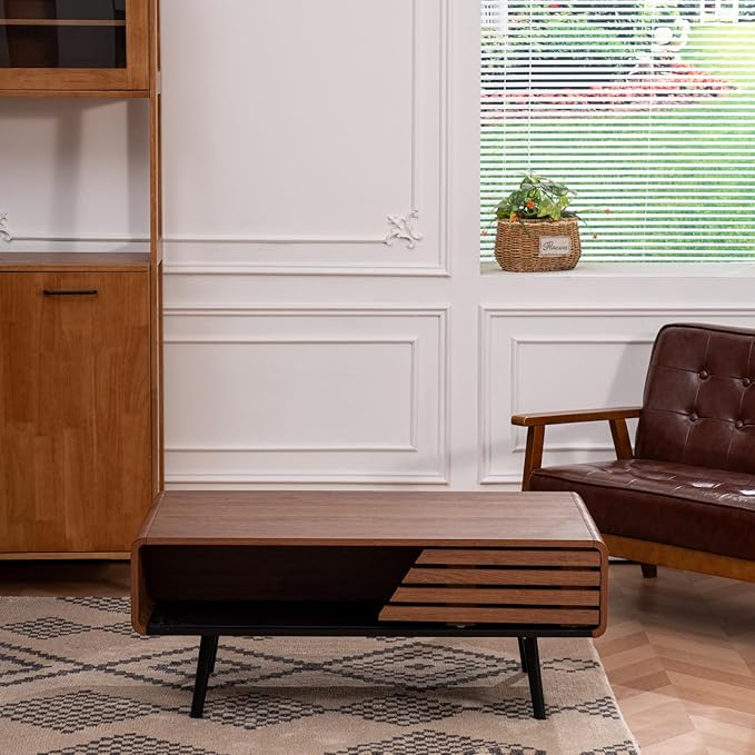 Coffee Table, 40" Modern Coffee Table with Storage and Sliding Door for Living Room, Black and Walnut