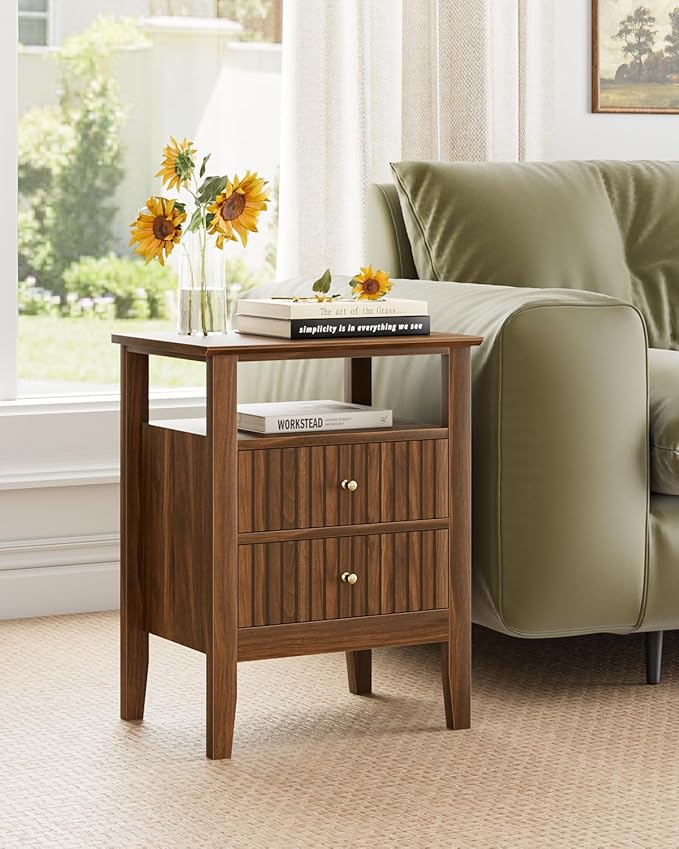 Fluted Nightstand, Farmhouse Night Stand with 2 Drawers, Mid Century Modern Side Accent Table,Bedside End Table for Bedroom, Living Room, Brown