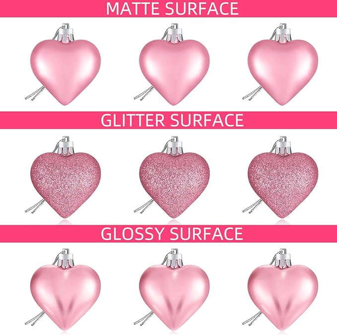 Skylety 30 Pieces Valentine's Day Heart Ornaments, Heart Shaped Decorations Tree Hanging Baubles for Valentine Wedding Anniversary, 3 Styles 2 Size (Pink)
