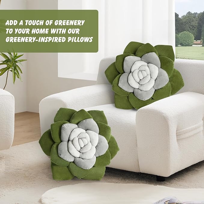 Flower Throw Pillow - 13.8" Plant Shaped Cushion, Soft Plush Decorative Pillow for Bedroom & Living Room, Unique Green Design, Home Decor Accen