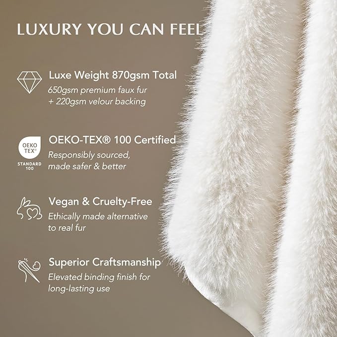 EVERGRACEHOME Luxury Faux Fur Throw Blanket, Soft Fluffy Faux Mink Blankets for Bed, Couch, Sofa, Thick Cozy Plush Warm Fur Throws with Reversible Velvet, Ivory Mink, 50"x60"