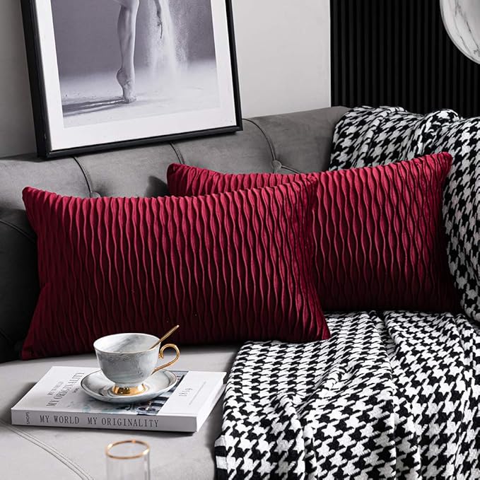 Burgundy Throw Pillow Covers: 2 Pack 12x20 Inch Original Striped Velvet Rectangular Decorative Pillow Cases for Farmhouse Couch