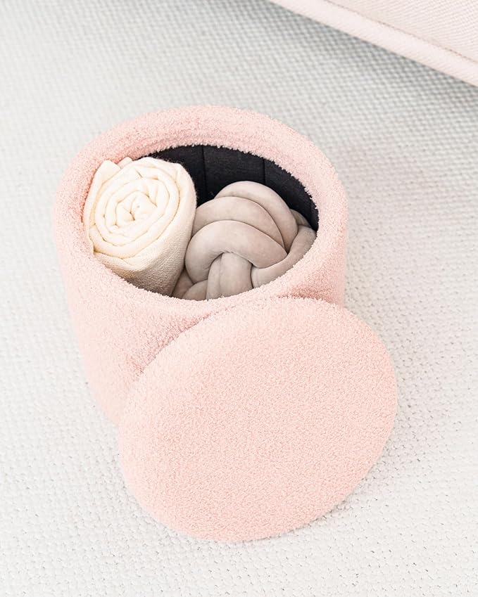 Round Ottoman with Storage, Boucle Foot Rest Stool with Reversible Tray Lid, Folding Teddy Ottoman Coffee Table for Dorm Living Room Bedroom Entryway, Pink,13" x 13" x 13.8"