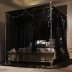 VETHIN 4 Corners Post Princess Bed Canopy Curtain Double Layer Cozy Drape Netting 4 Opening Mosquito Net for Girls & Adults Bedroom Decoration Accessories (Double Black, 64" W*82" L*82"*H/(Queen))