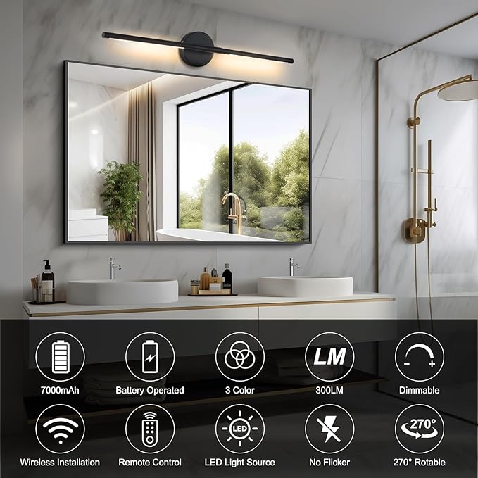 Wireless Battery Operated Wall Sconces with Remote, Black Rechargeable Led Wall Lights Set of Two, Cordless Dimmable Battery Powered Wall Lamp Decor for Bedroom Living Room, 3 Color, 28 Inch