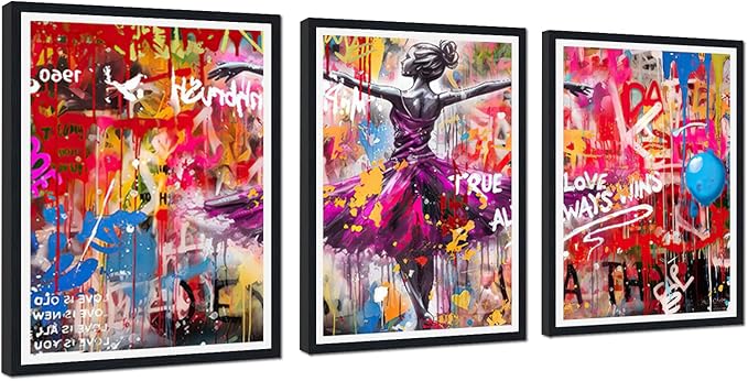 Novatique Graffiti Wall Art for Living Room Banksy Wall Art Colorful Dance Painting Print Framed Ready to Hang,16" x 24" x 3pcs