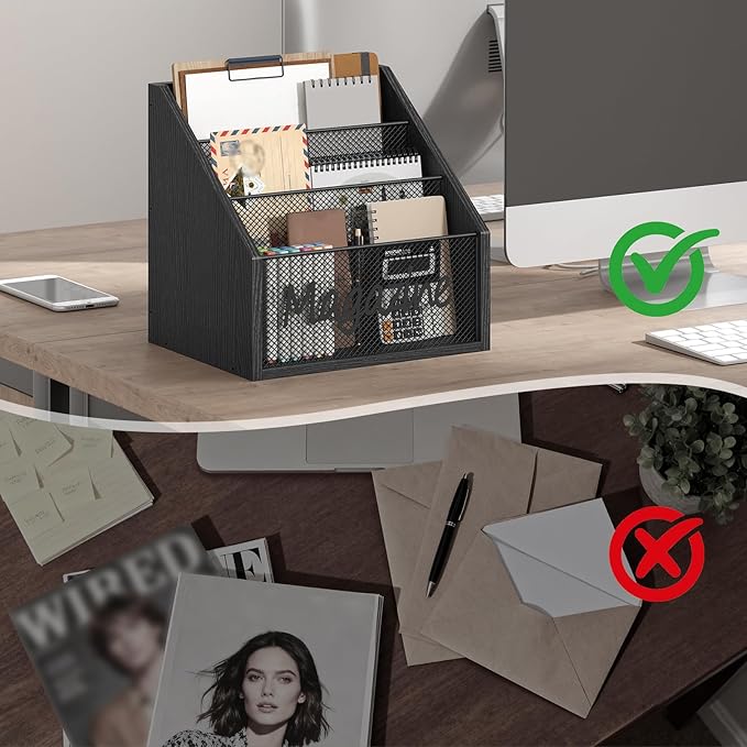 Magazine Holder, Wood Magazine Rack Floor, Mail Organizer Countertop, Magazine Mail Holder Sorter, Record Holder for Magazines, Books, Newspapers, Tablets, Black MR02BB