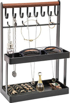 Lolalet 4-Tier Jewelry Organizer Stand with 12 Hooks, Necklace Bracelet Ring & Sunglasses Holder, Cute Metal Jewelry Storage Rack for Vanity, Dresser or Entryway, No Assembly -Black