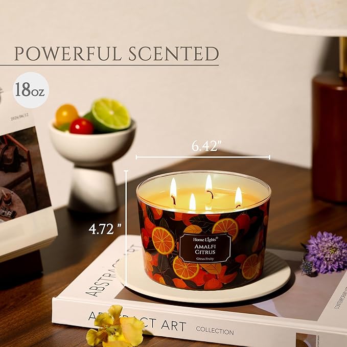 HomeLights 4-Wick Candles for Home Scented - 18oz Soy Wax Blend Candle Long-Lasting Fragrance, Eclectic Mixed Styles Home Decor and Housewarming Gifts, Amalfi Citrus