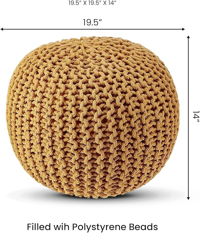 REDEARTH · Round Pouf Foot Stool Bean Bag Ottoman - Hand Knitted Boho Pouffe - Home Decor Poof - Stuffed Foot Rest for Living Room - Nursery - Bedroom - Patio (19.5"x19.5"x14") - Mustard, Set of 2