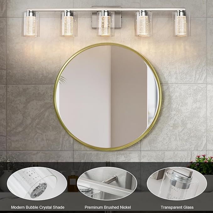 SineRise 5-Light Brushed Nickel Vanity Light with 3 Color Modes (3000K/4000K/6000K), Eye Protection LED Bathroom Light Fixture, Dimmable Modern Wall Light Over Mirror with Clear Glass Shade