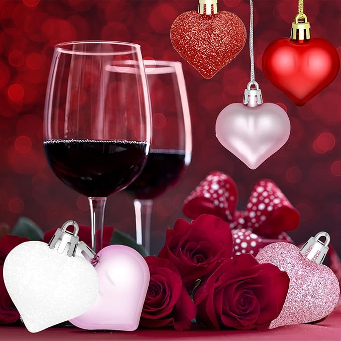 GP Life 36PCS Heart Ornaments for Valentine Tree, Hanging Decorations Included Pink White Red Heart Ornament