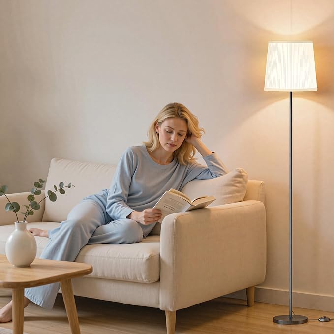 Floor Lamp with Pleated Shade, 62" LED Dimmable Standing Lamp with Remote & Foot Switch, Color Options, 9W E26 Bulb Included, Modern Reading Light for Living Room Bedroom Office Corner, Black