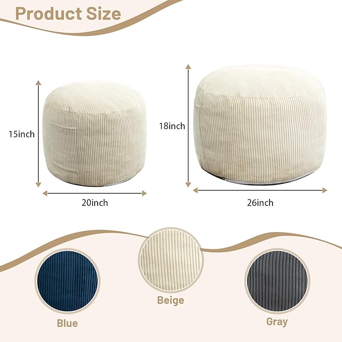Round Stuffed Pouf Ottoman,Corduroy Foot Rest with Rebound Foam Filled, Furry and Fluffy Foot Stool Ottoman,26"*18" Floor Poufs for Living Room (Beige, 26" D x 26" W x 18" H)