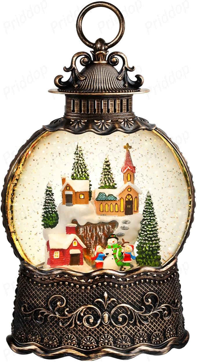 Village Snow Globe Christmas Decorations Indoor Church Snowman Snow Village Scene Gifts Classic Relief Texture Musical Glitter Snowfall USB/Battery Timer Lantern 10.6 inch