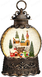 Village Snow Globe Christmas Decorations Indoor Church Snowman Snow Village Scene Gifts Classic Relief Texture Musical Glitter Snowfall USB/Battery Timer Lantern 10.6 inch