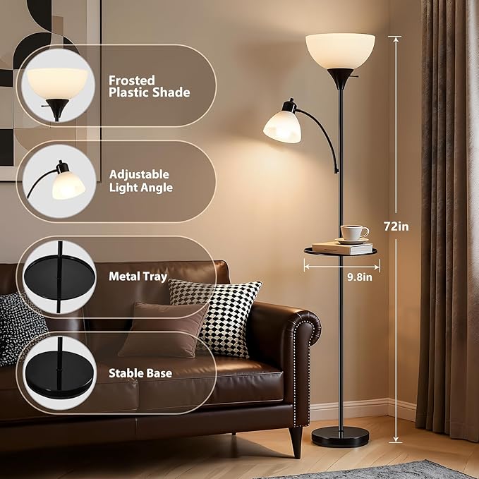 Luvkczc 72" Floor Lamp with Table, Adjustable Reading Lights, Modern Torchiere Floor Lamps for Living Room, Bedroom, Office,Black【Bulb not Included】