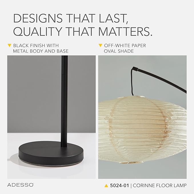 Adesso Arc Floor Lamp, 80” Tall Black Base, Oval Off-White Paper Shade – Convenient Overhead Lighting for Living Room, Nursery, Bedroom or Office