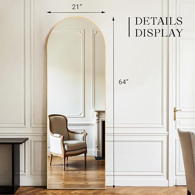 MISSDAY 64"x21" Arched Full Length Mirror, Full Body Mirror with Stand, Floor Mirror Long Free Standing, Leaning or Hanging, Aluminum Thin Frame Wall-Mounted Mirrors Wall Mirrors for Bedroom, Gold