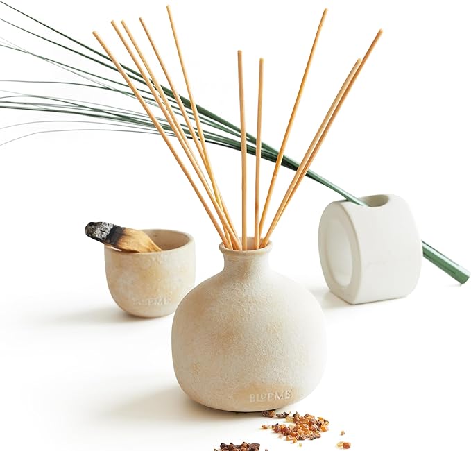 Blueme Spiritual Diffuser | Palo Santo & Vetiver | 5.92 Fl Oz - Refillable Wellness Diffuser, Contains Essential Oil, Sustainable, Hand Finished, Premium, Luxury Ceramic, Natural Rattan Reeds, | Small