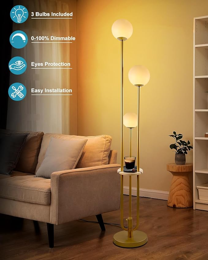 Lightdot Gold Globe Floor Lamp 3-Lights Dimmable Floor Lamps with Tray& Bulbs Included Unique Floor Lamp Candle Holder Style Modern Standing Lamps for Living Room/Bedroom//Sofa Beside/Corner Decor